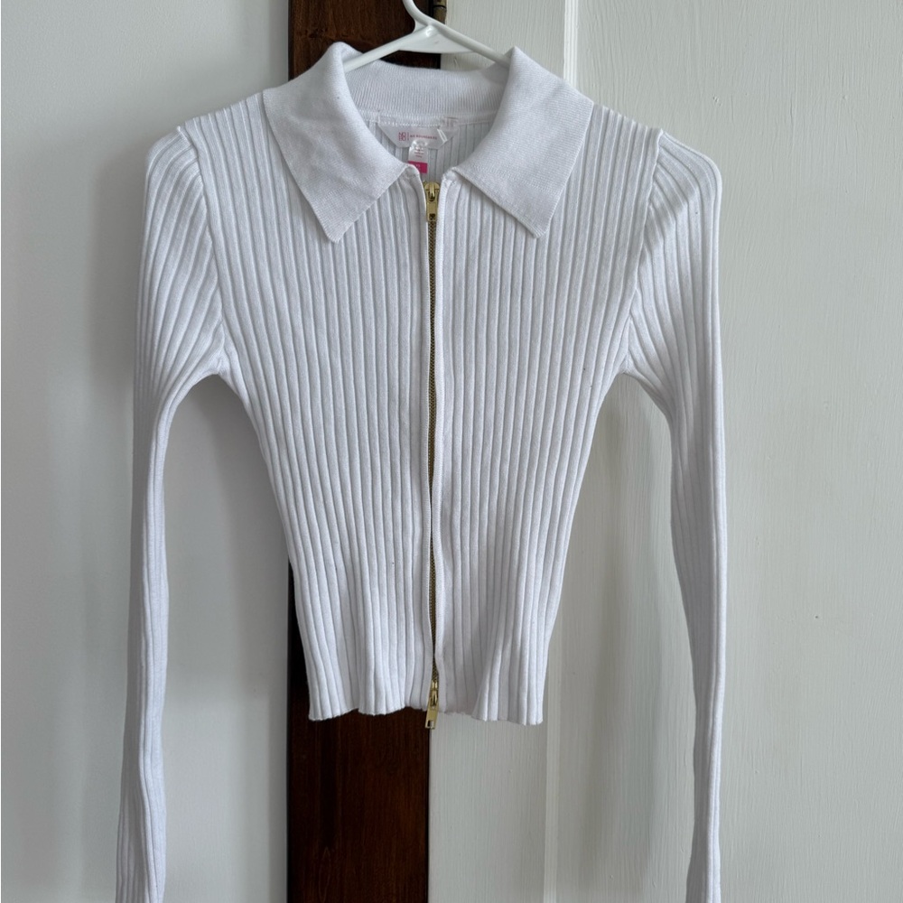 White Ribbed Zip-Up Sweater